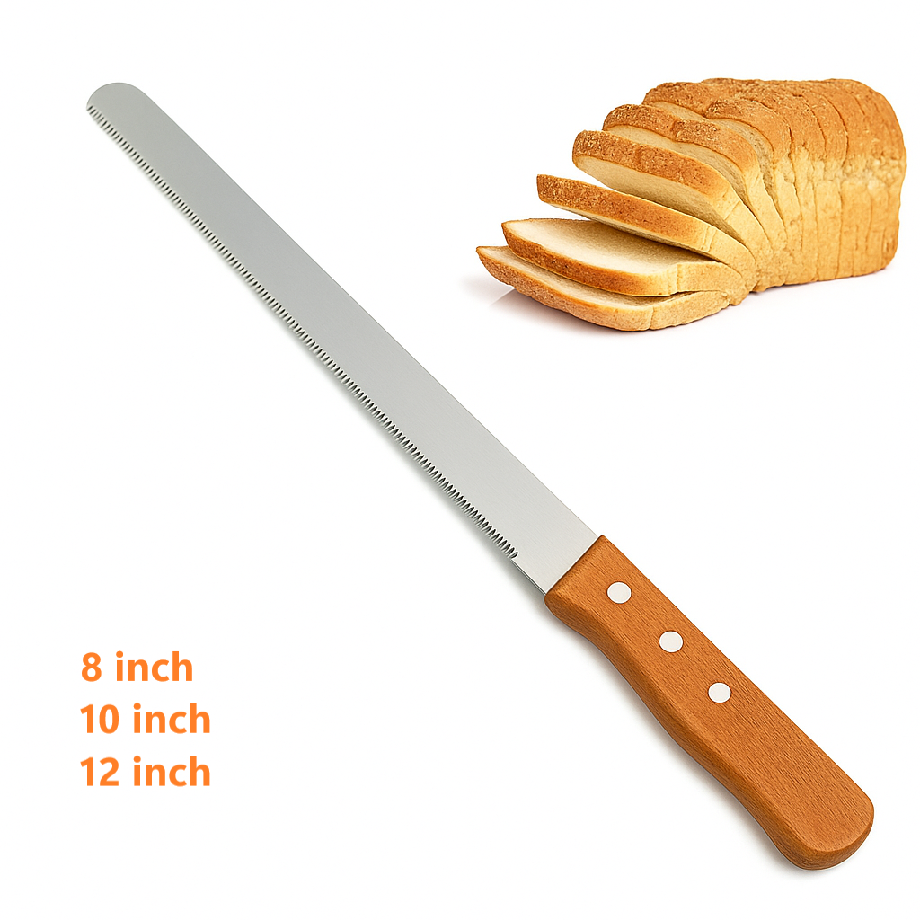 Stainless Steel Bread Knife  – Wooden Handle Serrated Cake & Bread Slicer for Kitchen and Bakery Use